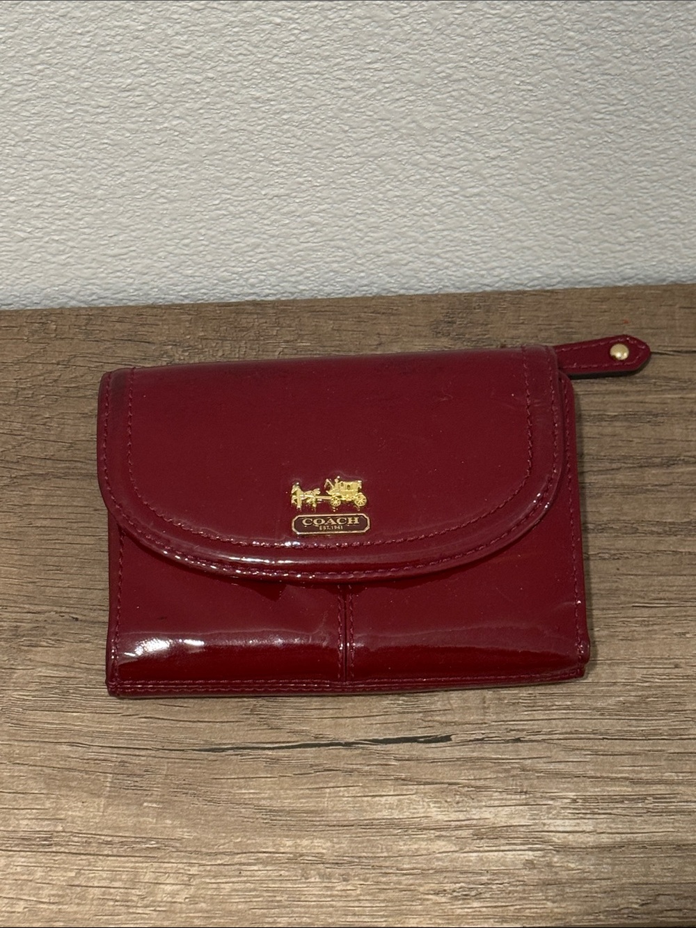 Coach Red Patent Leather Trifold Wallet with Gold Logo